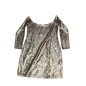 Express Pewter Metallic Sequin Off The Shoulder 3/4 Sleeve Mini Dress NWT Size L